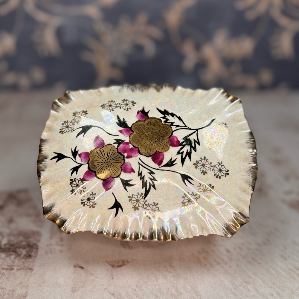 Vintage Japanese Hand-Painted Porcelain Trinket Box Floral Iridescent